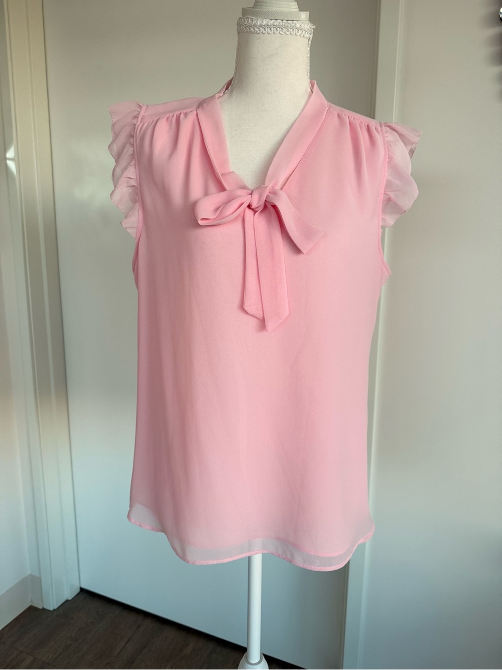 Calvin Klein Pink Ruffle Sleeve Tie-Neck Blouse